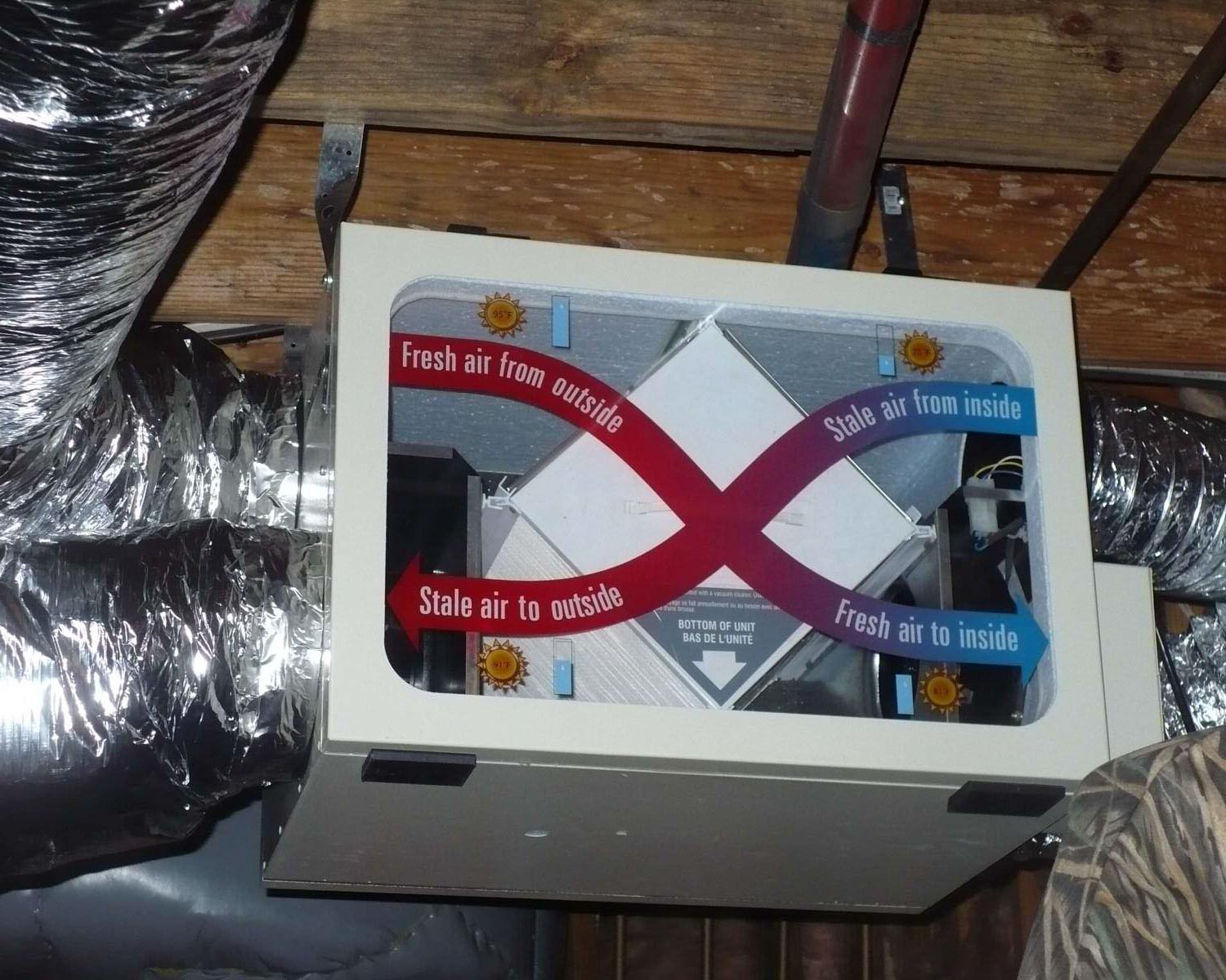 A ventilation unit showing labeled airflow directions for incoming fresh and outgoing stale air.