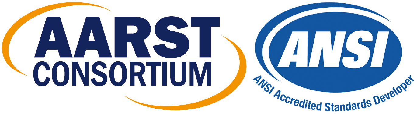 AARST Consortium and ANSI Accredited Standards Developer logos side by side with swoosh designs.